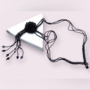 Antique Necklace Black Bead Tassel + Floral Detailing